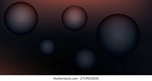 Cinco esferas escuras e foscas de tamanhos variados flutuam em um fundo escuro e gradiente, sugerindo um tema cósmico ou abstrato.