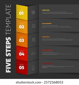 Five dark steps progress process infographic layout template with big numbers icons text content and paper fold pointing on the next step - warm version