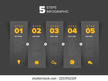 Five dark vector progress block steps template with descriptions, big numbers. Five fresh vertical column stripe steps in sequence with tasks descriptions and yellow numbers