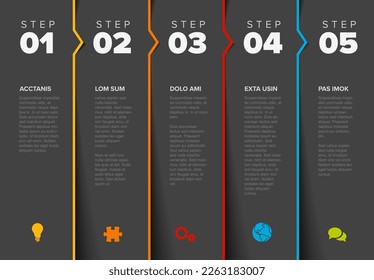 Five dark vector progress block steps template with descriptions, big numbers. Five fresh vertical column stripe steps in sequence with tasks descriptions numbers and color borders