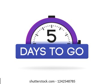 Five day to go label, purple alarm clock flat with blue ribbon, promotion icon, best deal symbol vector illustretion.