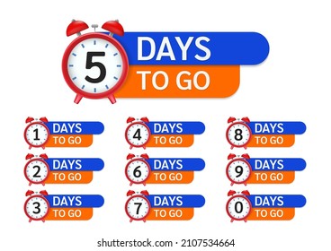 five days to go label set. red alarm clock
