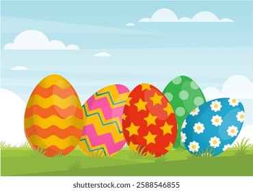 Five decorated Easter eggs in a grassy field with a blue sky and white clouds. stock illustration