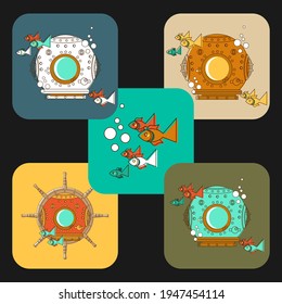 Five decorative compositions on a marine theme. Vector set