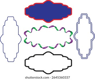 Five decorative frames in different shapes and colors, including blue, black, and ribbon-accented designs, isolated on a white background.
