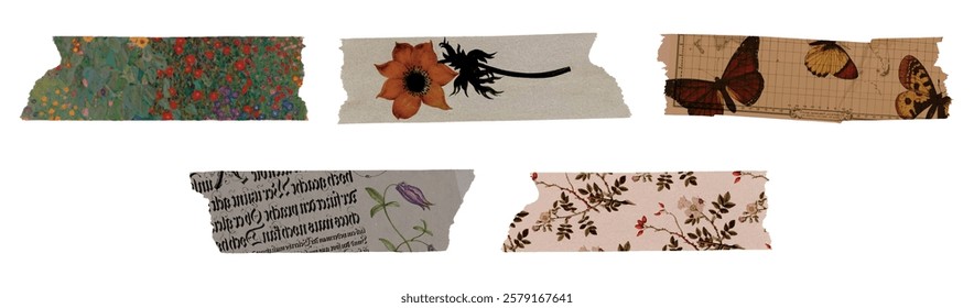 Five decorative tape strips with floral and butterfly patterns. Each tape strip features unique designs, including flowers, butterflies, and vintage prints. Washi tape isolated element vector set.