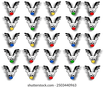 five deer in a row, garland of deer, Merry Christmas, multi-colored noses, horns, deer on a white background, deer heads cast a shadow