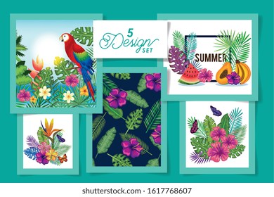 five designs of animals with flowers and leafs tropicals vector illustration design