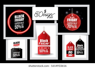 five designs of black friday labels vector illustration design