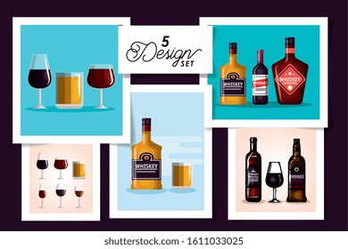 five designs of bottles whiskey and cup glass vector illustration design