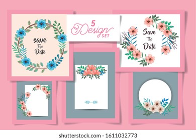 five designs of cards with flowers and leafs naturals vector illustration design