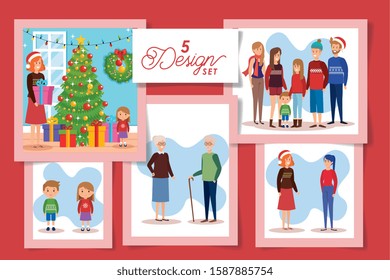 five designs of christmas family with decoration vector illustration design