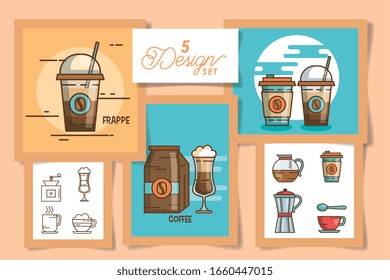 five designs of coffe drink icons vector illustration design
