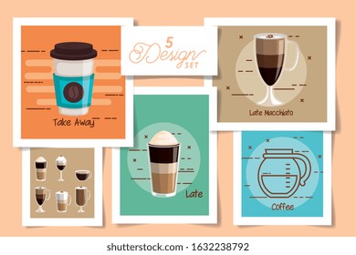 five designs of coffee and icons vector illustration design