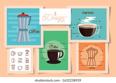five designs of coffee and icons vector illustration design