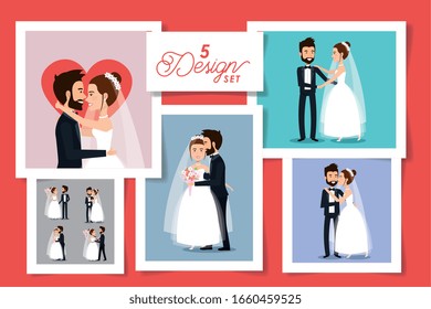 five designs of couples married vector illustration design