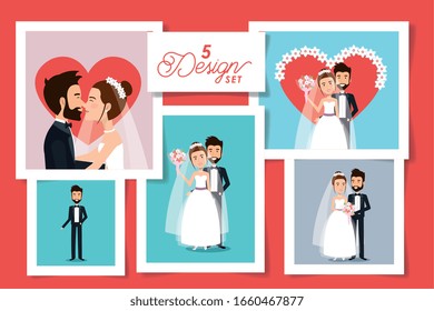 five designs of couples married vector illustration design