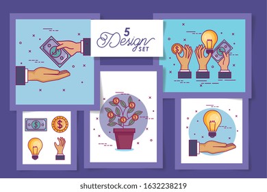 five designs of crowdfunding and icons vector illustration design