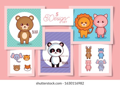 five designs of cute animals vector illustration design