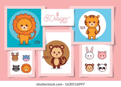 five designs of cute animals vector illustration design