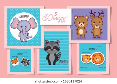 five designs of cute animals vector illustration design