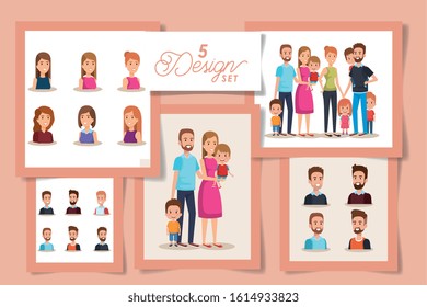 five designs of cute family vector illustration design
