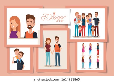 five designs of cute family vector illustration design