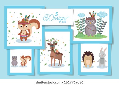 Five designs of cute indians animals cartoons, Zoo life nature character childhood and adorable theme Vector illustration