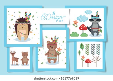 Five designs of cute indians animals cartoons, Zoo life nature character childhood and adorable theme Vector illustration