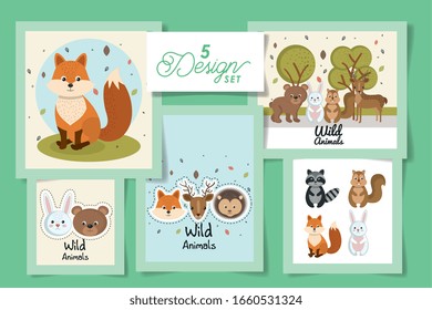 five designs of cute wild animals vector illustration design