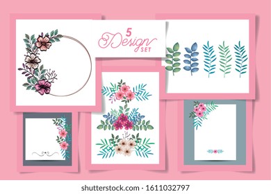 five designs of decoration flowers with leafs naturals vector illustration design