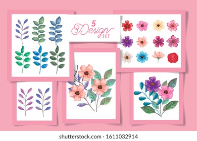 five designs of decoration flowers with leafs naturals vector illustration design
