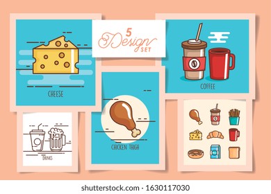 five designs of delicious breakfasts vector illustration design