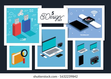 five designs of devices technologics with icons vector illustration design