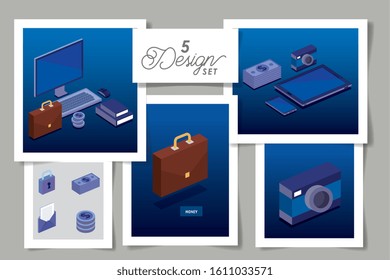 five designs of digital technology and icons vector illustration design