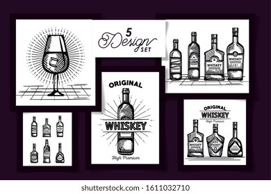 five designs drawing of bottles whiskey and cup glass vector illustration design