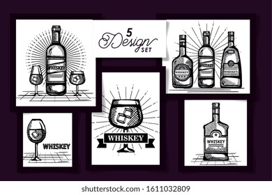 five designs drawing of bottles whiskey and cups glass vector illustration design