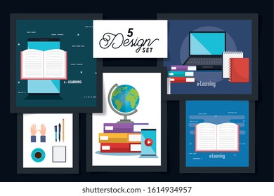 five designs of education online with icons vector illustration design