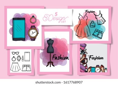 Five designs of female fashion cloth, Style wear store shop retail fabric and made theme Vector illustration