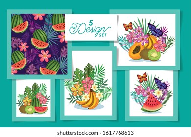 five designs of fruits with flowers and leafs tropicals vector illustration design
