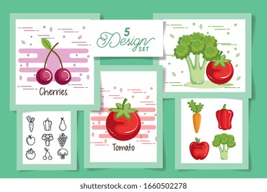 five designs of fruits and vegetables vector illustration design