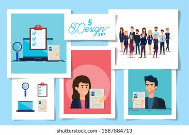five designs of hiring with people and set icons vector illustration design