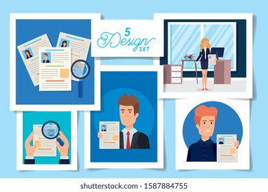 five designs of hiring with people and set icons vector illustration design