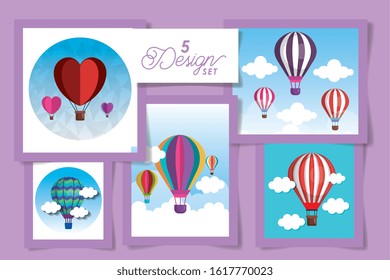 Five designs of hot air balloons and clouds of Transportation adventure freedom journey travel up airship and trip theme Vector illustration