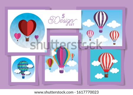 Five designs of hot air balloons and clouds of Transportation adventure freedom journey travel up airship and trip theme Vector illustration