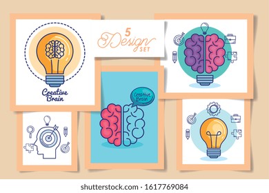 Five designs of human brains, Organ mind science intelligence idea medical head and education theme Vector illustration