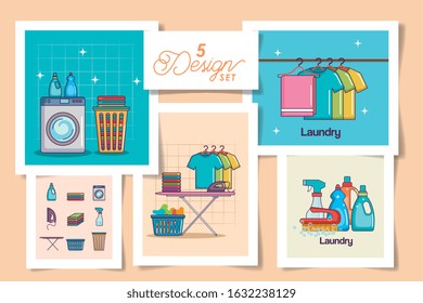 five designs of laundry and icons vector illustration design
