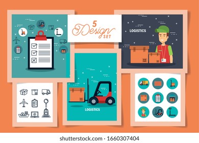 five designs of logistic service icons vector illustration design