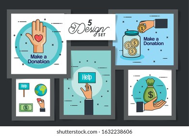 five designs of make a donation with icons vector illustration design