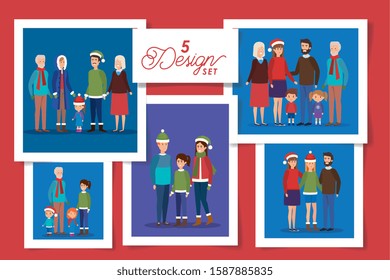 five designs of members family in christmas vector illustration design
